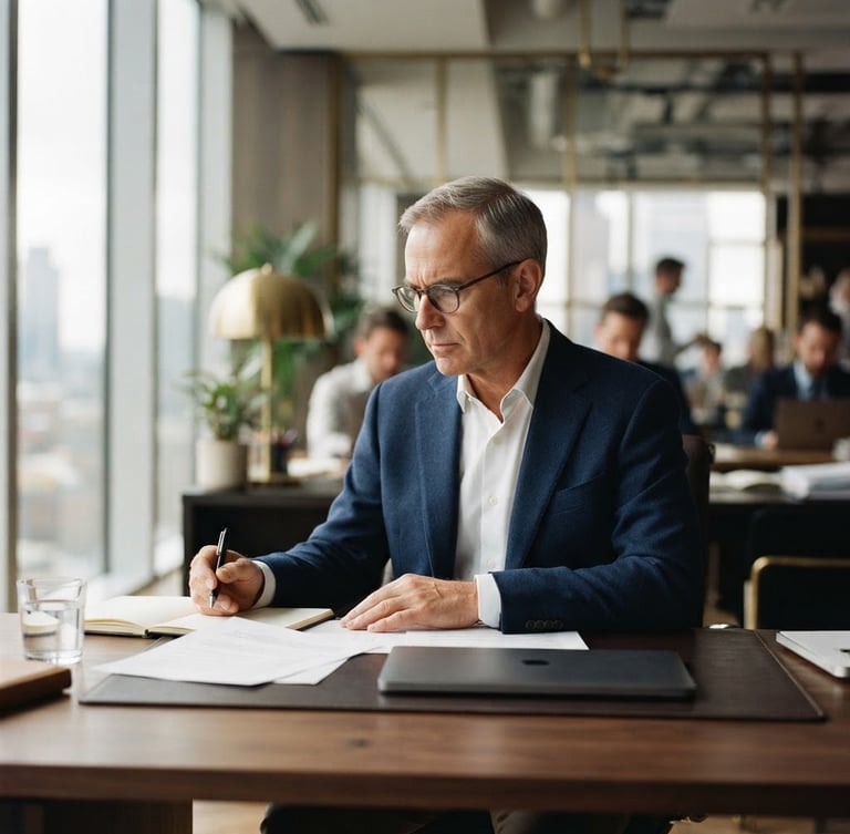 Walter Evarts, senior professional, in a modern corporate office, focused and authoritative, natural window light, shallow depth of field, 35mm.