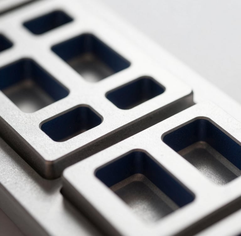 Macro close-up of structured physical network routing hardware, sharp geometric metallic edges, bright high-key studio lighting with defined shadows, clean platinum and navy tones.