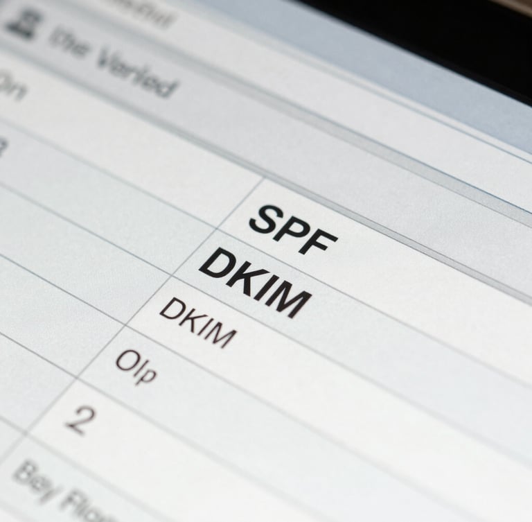 Macro close-up of a clean terminal interface showing verified SPF and DKIM records, bright high-key lighting, sharp geometric lines.
