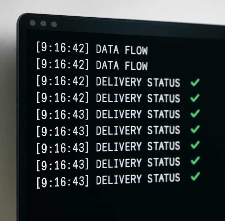 A crisp terminal interface showing clean data flows and successful delivery status logs, high-key bright studio light, sharp defined shadows.