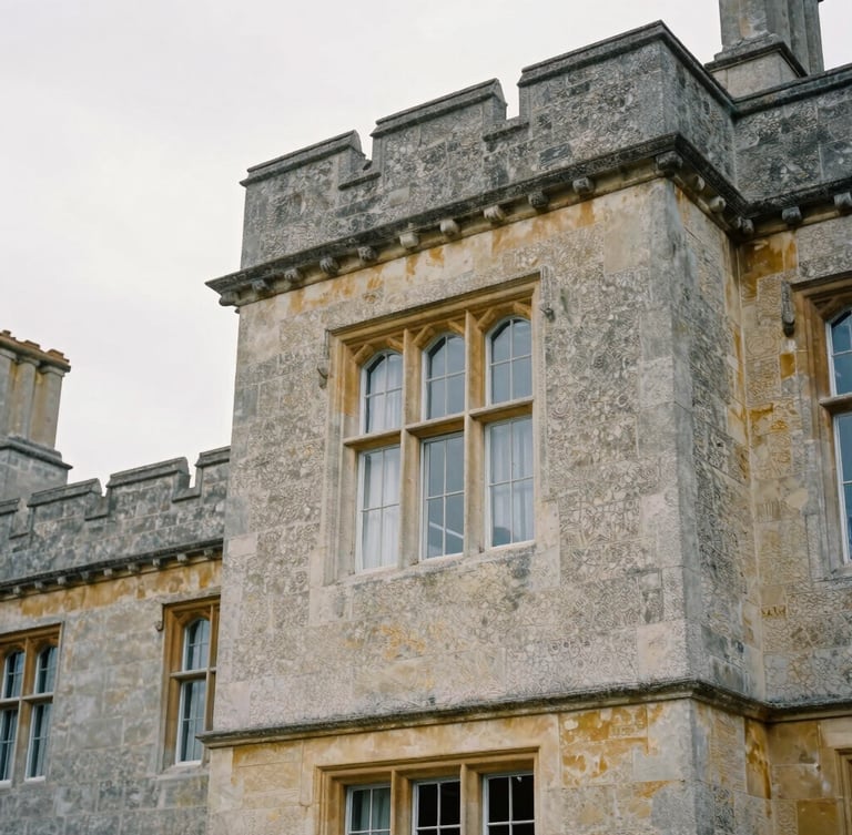 Extreme close-up architectural detail of a classic stone manor in Bedfordshire, soft overcast British daylight, 35mm film texture, desaturated slate tones