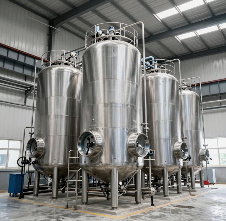 A tall vertical shot of modern stainless steel palm oil refining tanks inside a brightly lit, high-key industrial processing facility, clean concrete floors, piping details, professional agro-processing environment.