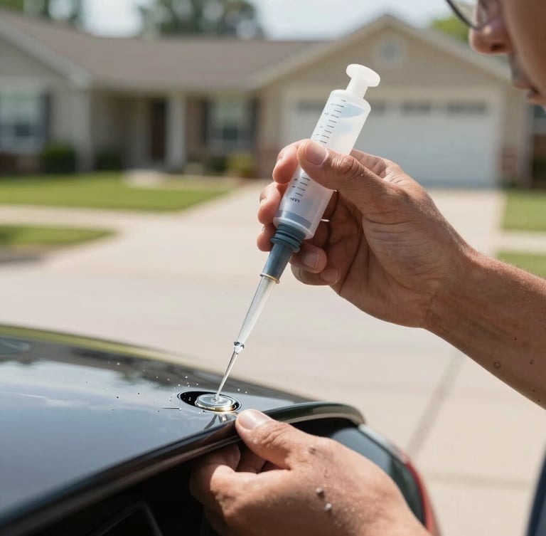 Close-up of a technician's hands injecting clear resin into a small windshield chip, bright natural daylight, parked in a clean suburban Kirkwood driveway, shallow depth of field.