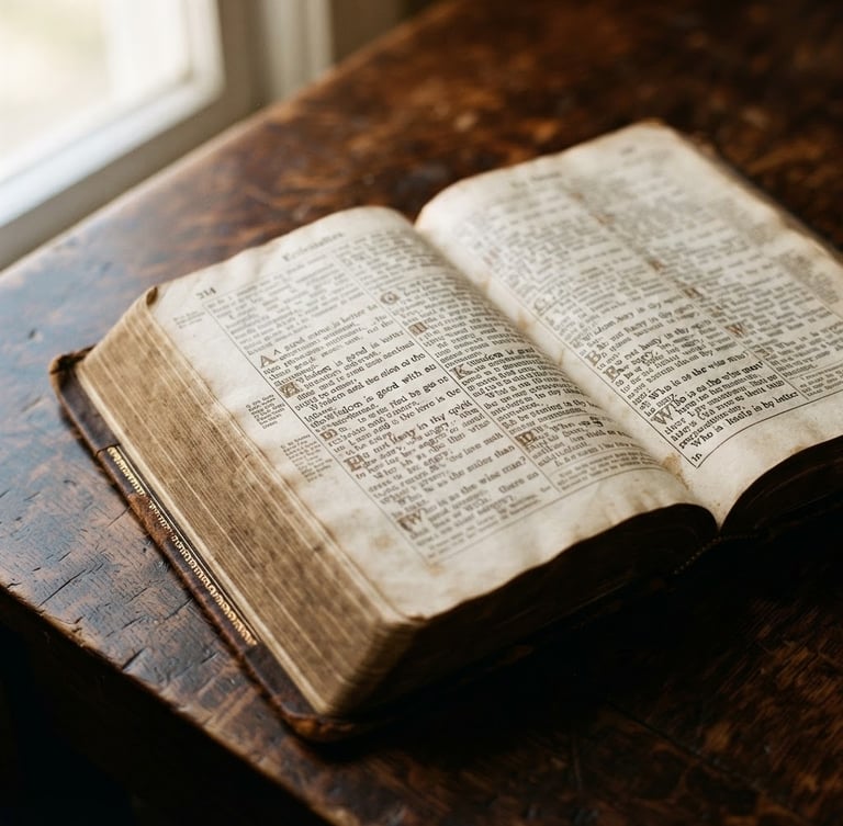 Close-up of an open, ancient leather-bound Bible on a dark wooden desk, soft natural window light casting deep shadows on the elegant typography of the pages, 35mm photography