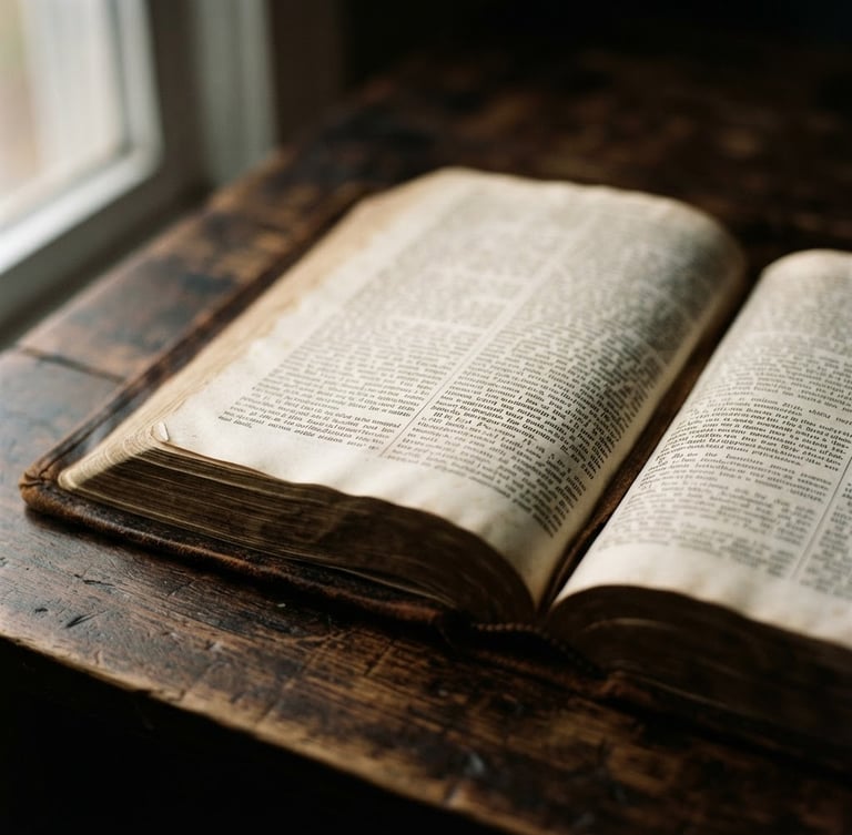 Close-up detail of an open leather-bound Bible on a dark wooden desk, soft natural window light casting deep shadows, shallow depth of field, 35mm