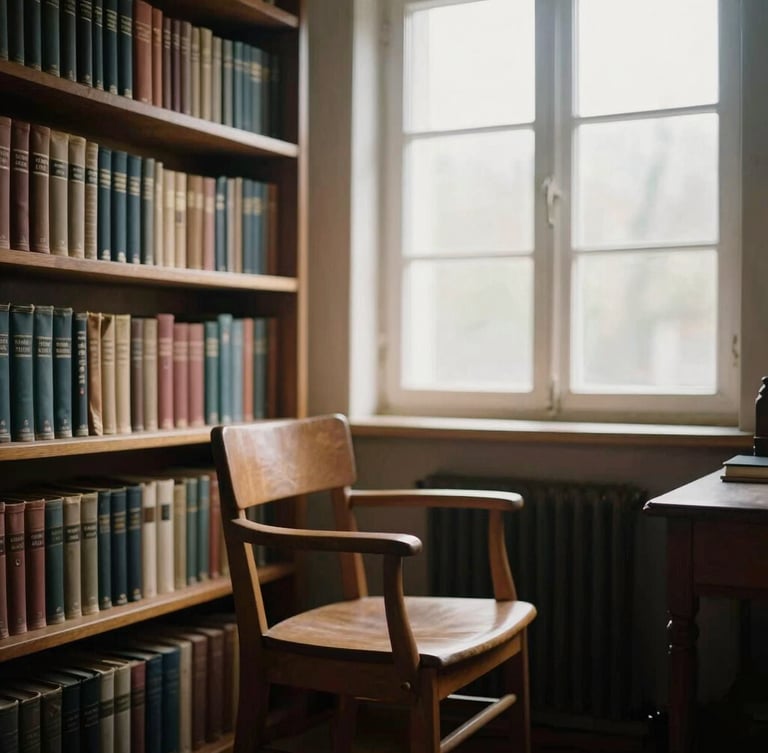 A quiet, warm study room with bookshelves filled with old theological volumes, a single empty wooden chair, soft morning light filtering through a high window, shallow depth of field, 35mm