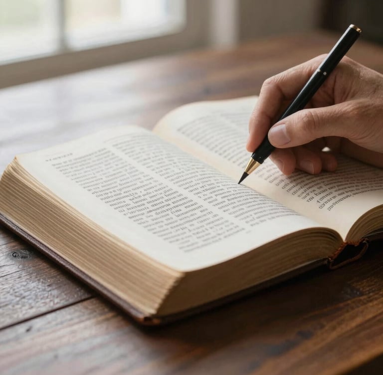 A close-up photograph of a hand tracing ancient text in a heavy leather-bound Bible on a dark wooden desk, soft natural window light, shallow depth of field
