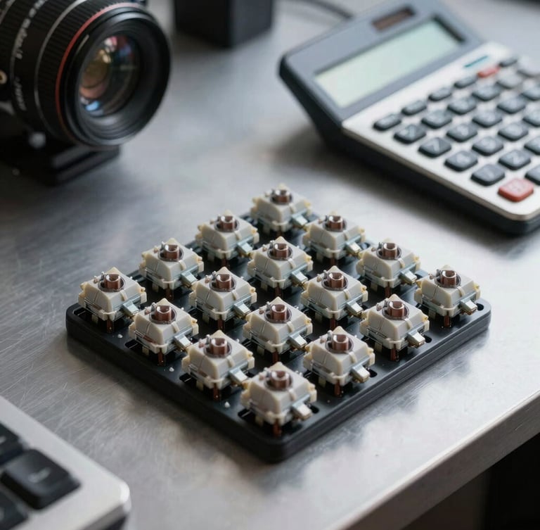 Macro shot of physical mechanical keyboard switches and a vintage minimalist calculator on an organized gray metal desk, sharp architectural shadows, cool studio lighting.