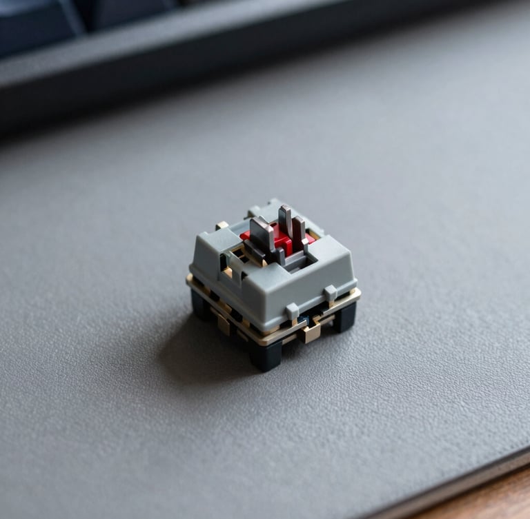Macro shot of a vintage mechanical keyboard switch resting on a pristine gray desk mat, sharp architectural shadows, cool-toned lighting.