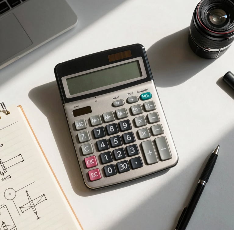 Top-down flat-lay of an organized workspace with a vintage Braun calculator, a notebook with system diagrams, and sharp shadows.