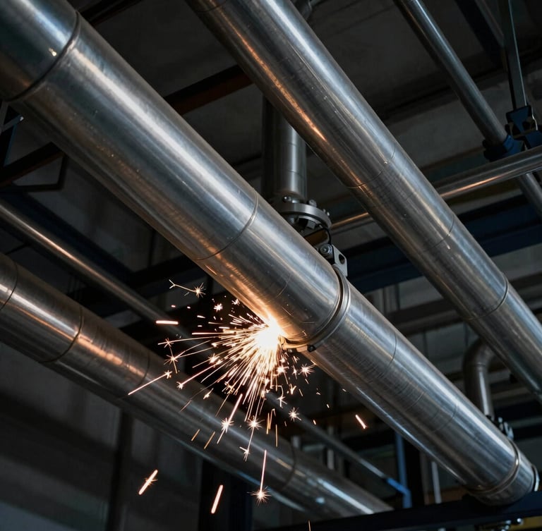Low-angle architectural shot of clean geometric runs of stainless steel piping in a modern industrial plant, harsh metallic textures, dramatic low-key lighting, 35mm