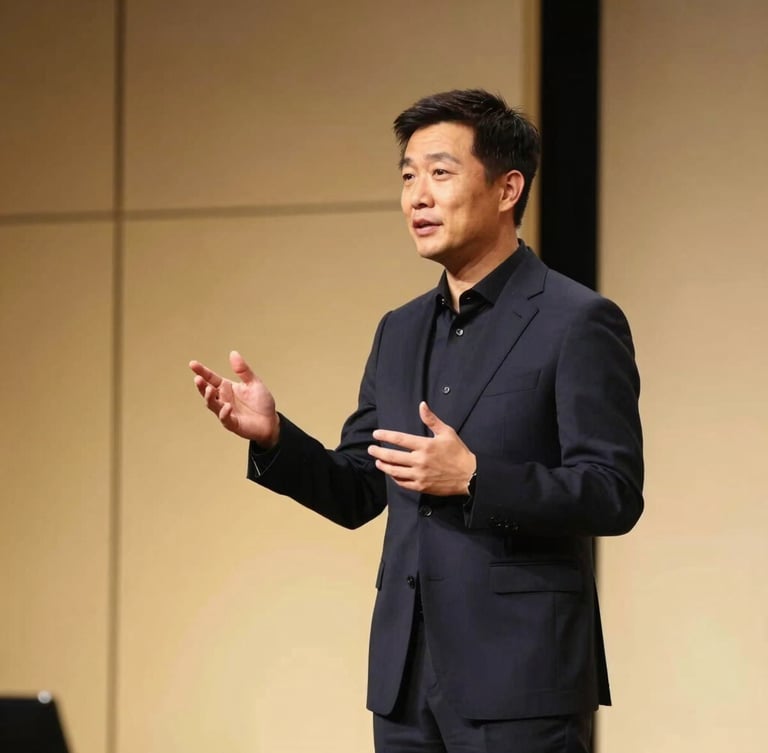 Medium shot of a communication coach gesturing elegantly while speaking on a modern minimalist stage, soft warm lighting, professional atmosphere, 35mm lens