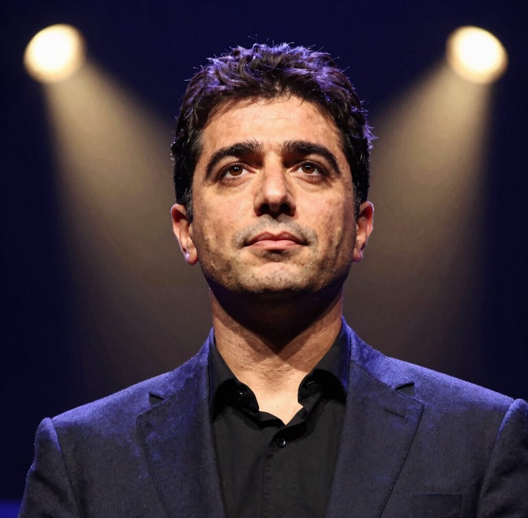 Professional close-up portrait of a Turkish communication expert on a dark stage, warm dramatic spotlighting, deep navy background, sharp focus, 35mm lens