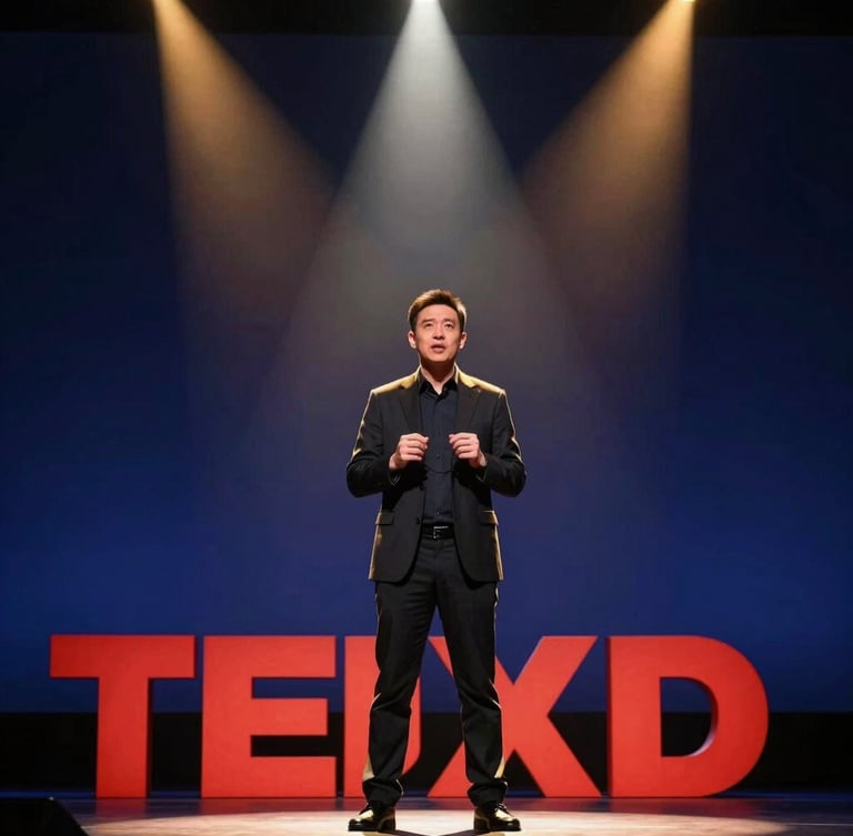 A professional speaker standing on a TED-like stage, dramatic spotlighting from above, deep navy background, warm gold rim light on shoulders, captured with a 35mm lens, high contrast.