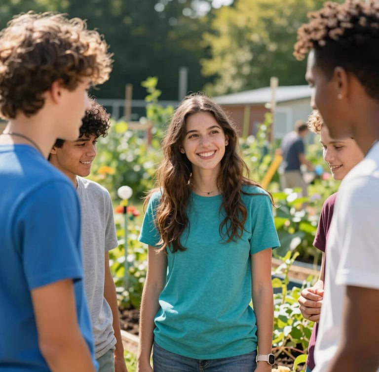Warm environmental portrait of diverse youths collaborating in a sunny community garden in Calw, natural daylight, hopeful atmosphere, 35mm
