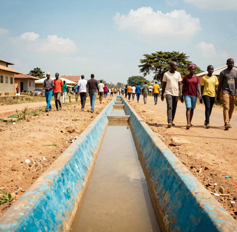 Wide environmental shot of clean engineered drainage channels in Accra, local community members walking nearby under a bright sky, warm tones, 35mm