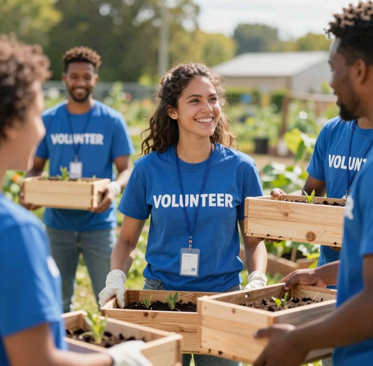 Young diverse volunteers smiling and working together in a sunny community garden, holding wooden planting boxes, warm natural light, 35mm