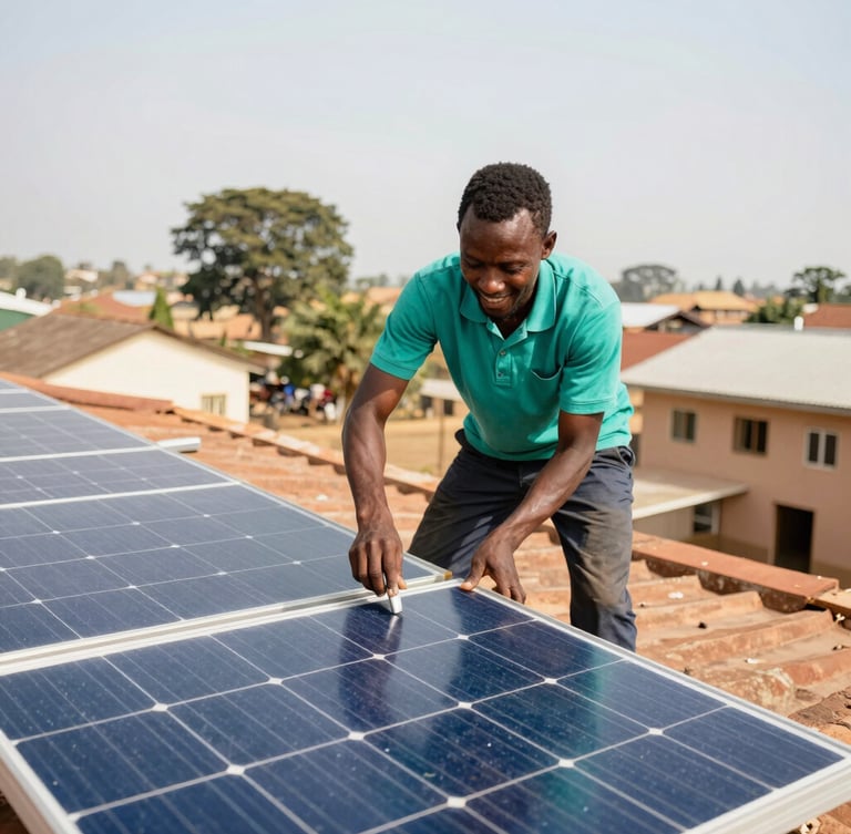 Local technician in Ghana installing a solar panel on a community roof, bright natural daylight, hopeful atmosphere, 35mm