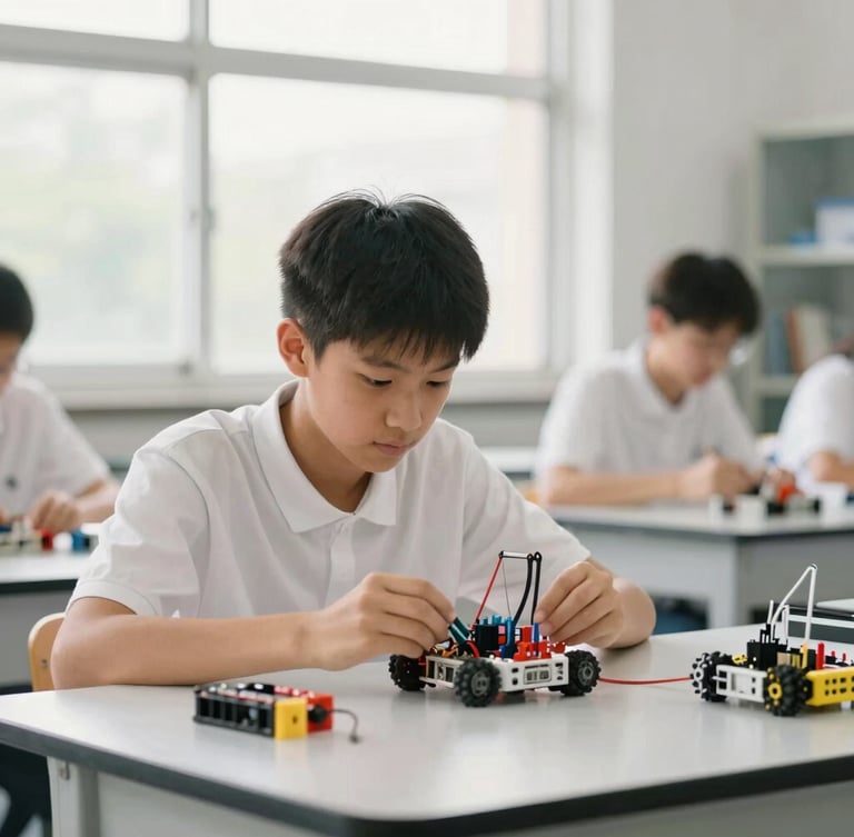 Bright editorial photography of a high school student working with a robotics kit in a sunlit laboratory, natural daylight, professional 35mm