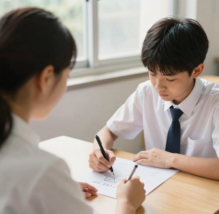 Over-the-shoulder shot of a tutor guiding a high school student through a geometric proof on paper, warm natural daylight from a classroom window, soft focus