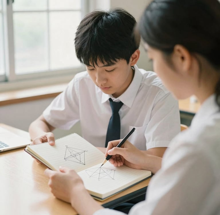 Over-the-shoulder shot of a tutor and high school student analyzing a hand-drawn geometric proof on a notebook, warm natural window light, soft focus, 35mm photography.