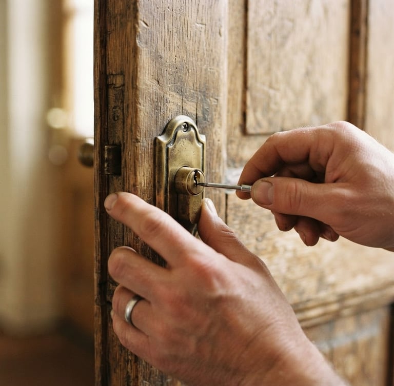 Close-up of hands precisely adjusting a brass lock cylinder on a wooden door, warm natural daylight, shallow depth of field, 35mm