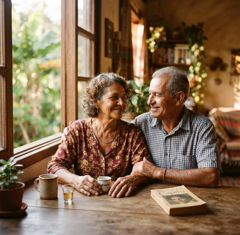 Warm environmental portrait of an older Brazilian couple sitting by a sunlit window, smiling thoughtfully, soft natural light, shallow depth of field, 35mm photography