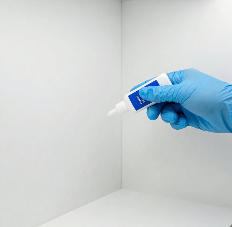 A close-up of a technician's hand wearing a protective blue glove, applying a precise dot of odorless pest gel in a clean cabinet corner, bright daylight.