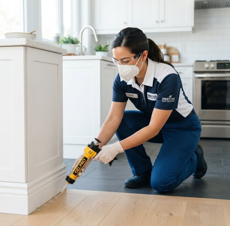 A professional technician wearing a clean blue and white uniform and protective mask, precisely applying odorless gel treatment in a bright, modern kitchen.