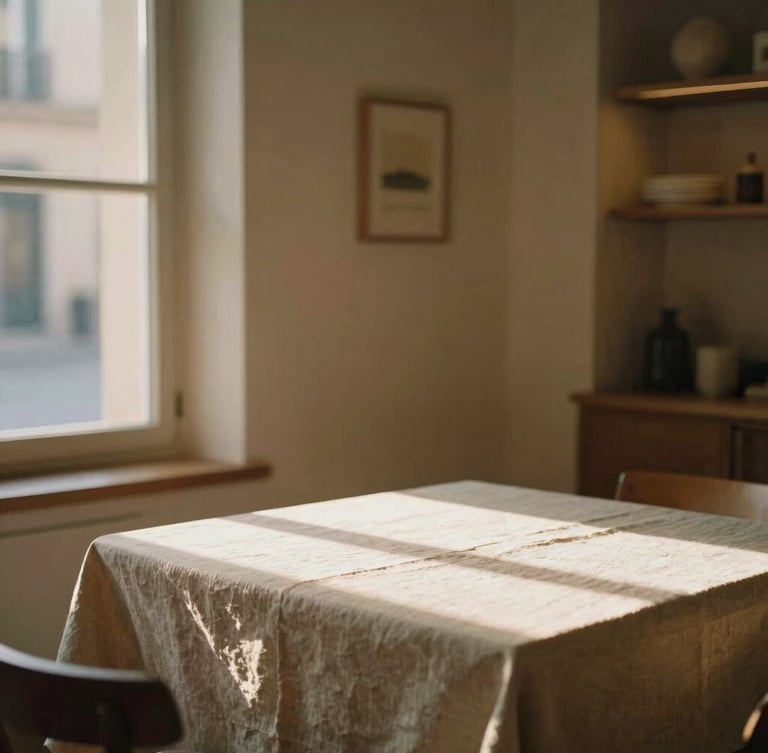 A serene, minimalist European boutique hotel interior during golden hour, soft directional light casting long shadows on a linen-covered table, warm editorial tone, 35mm film aesthetic.