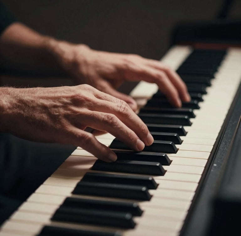 Close-up of a skilled pianist's hands, fingers poised above the keys, dramatic side-lighting catching the contours of the hands and the texture of the piano, deep charcoal background, 35mm.