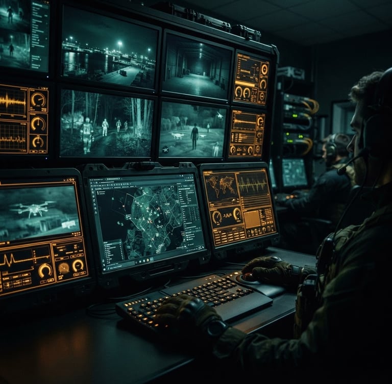 Low-key tactical photography of professional monitoring screens in a dark control room, showing cool night-vision feeds with a sharp amber interface glow, high-contrast cinematic lighting