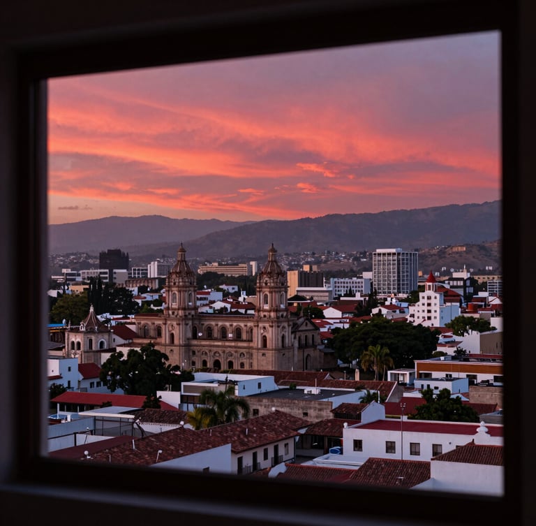 Vista panorámica de Zamora, Michoacán al atardecer, destacando la arquitectura local y un ambiente de crecimiento urbano, con un sutil reflejo de luz roja.