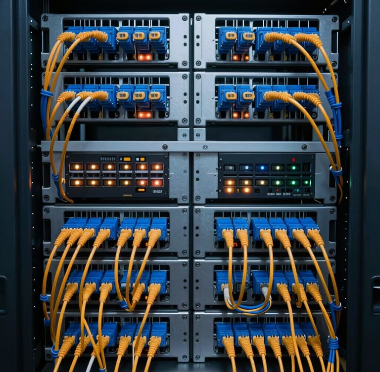 Symmetrical straight-on macro photograph of an immaculately organized enterprise server rack, neat blue and orange fiber optic cabling, active status lights, cool technical lighting.