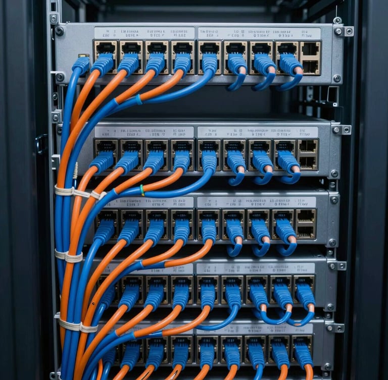 Straight-on macro shot of perfectly structured network cabling inside an enterprise server rack, immaculate cable management with blue and orange wires, clean zip ties, labeled ports