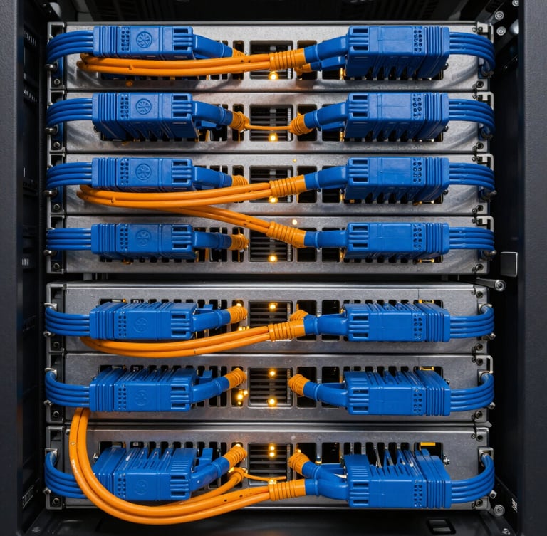 Straight-on symmetrical macro shot of an enterprise server rack with immaculately structured blue and orange cabling, perfect bend radii, active status lights.