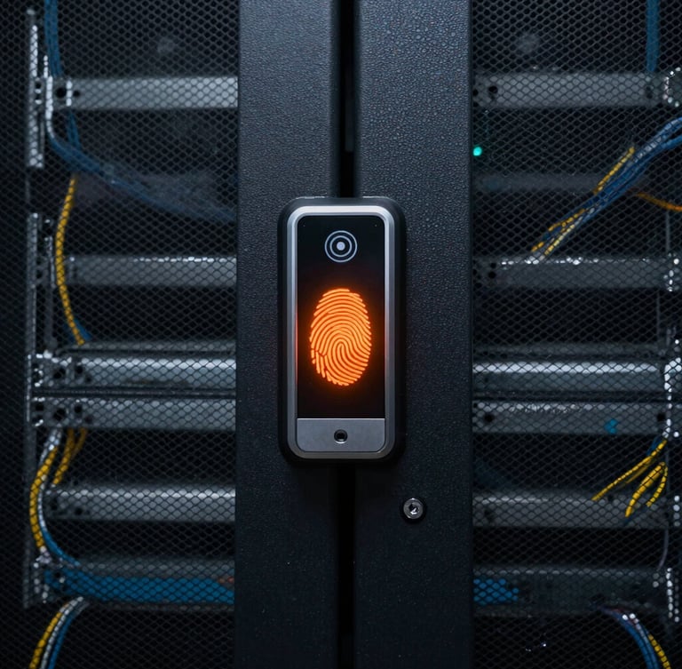Symmetrical close-up of a secure server rack door with an integrated biometric fingerprint scanner glowing orange, pristine cable management visible behind glass.
