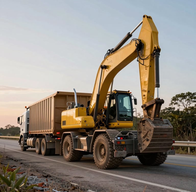 A massive heavy-haul truck loaded with a large yellow excavator at dawn on an active Florida highway job site, low-angle shot