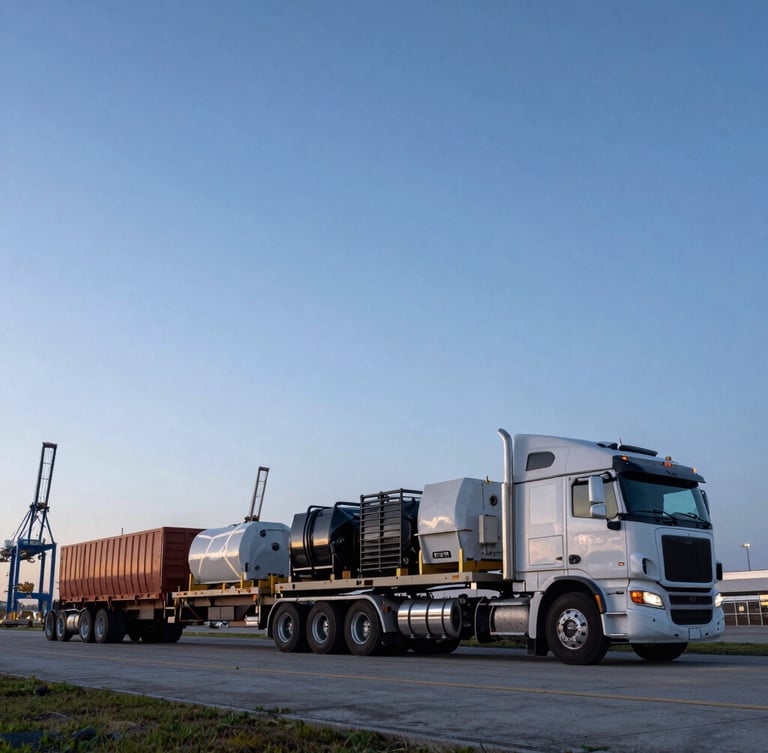 Low-angle wide-lens shot of a massive multi-axle heavy-haul trailer carrying industrial equipment at dawn, harsh blue hour lighting, Tampa port cranes in the background.