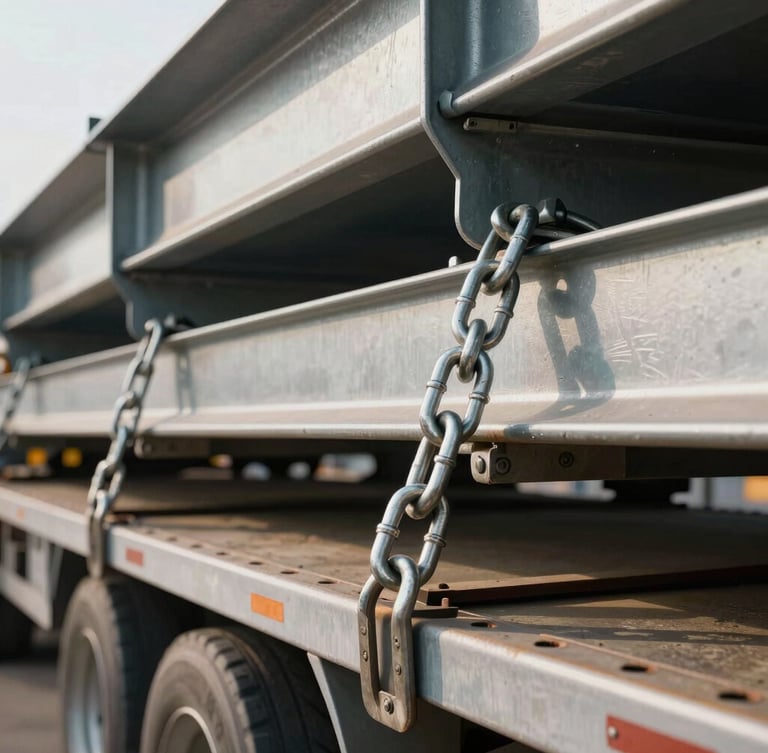 Close-up macro shot of heavy-duty steel tie-downs and tension chains securing a massive steel structure to a multi-axle flatbed trailer, harsh morning light