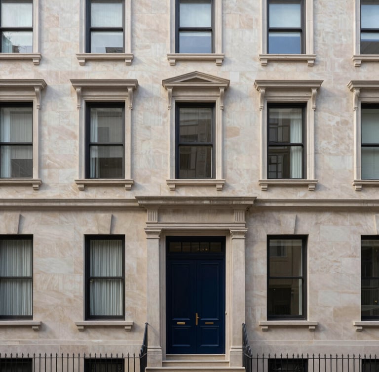 Straight-on architectural elevation of a classic Brooklyn brownstone facade in crisp morning daylight, soft limestone tones, 35mm lens