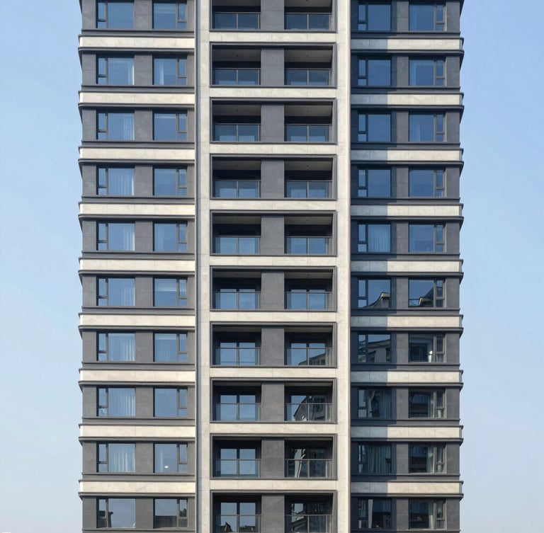 Straight-on architectural elevation of a sunlit modern residential high-rise, crisp morning daylight, focus on clean structural lines.