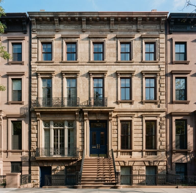 Straight-on architectural elevation of a historic limestone brownstone facade in New York, crisp morning daylight, sharp shadows, elegant editorial framing