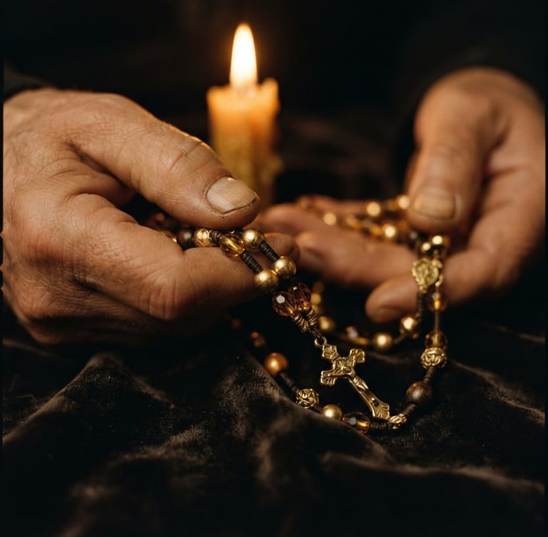 Extreme close-up of hands holding golden sacred beads (guias) over a dark velvet surface, warm flickering candlelight, golden and amber tones, shallow depth of field, 35mm