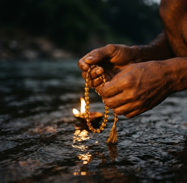 Extreme close-up of hands holding sacred golden beads over fresh river water, warm flickering candlelight, deep amber tones, shallow depth of field, 35mm