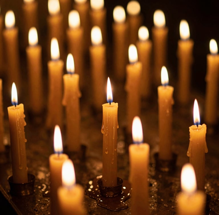 Dramatic close-up of golden candles burning on a dark altar, honey dripping slowly, rich shadows, warm flickering light, 35mm