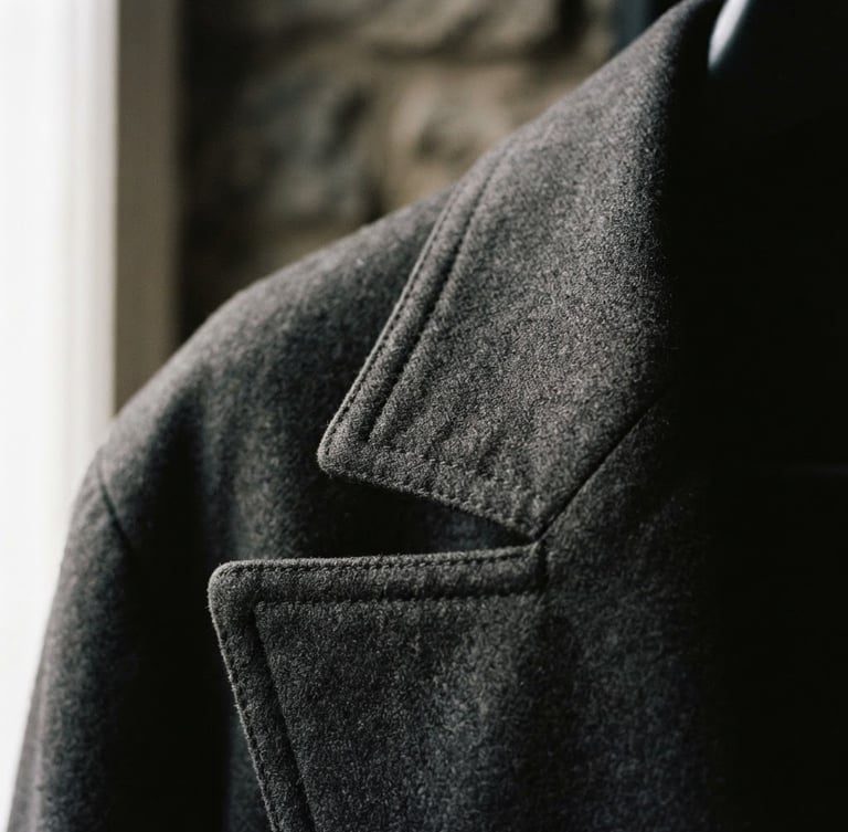 Extreme close-up of a 1990s Japanese designer wool gabardine coat collar, showing precise structural stitching, soft directional natural light, desaturated muted tones, sharp focus, 35mm film.