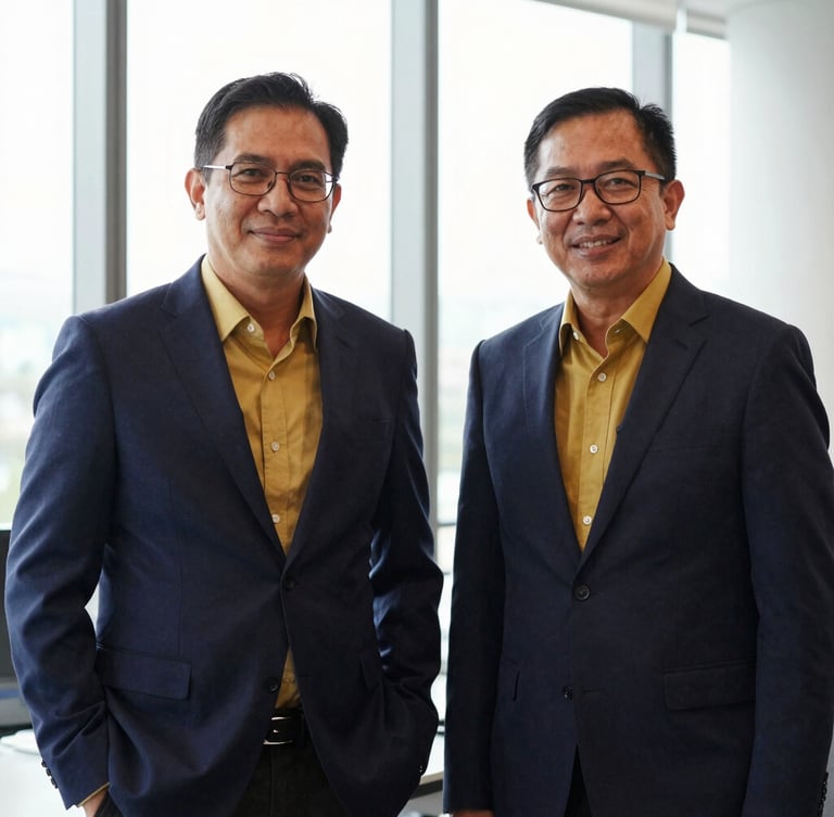 Professional editorial portrait of founders Paulus Alfret SH and Benny Mardiyawan SE in a corporate office setting, natural window light, deep navy and warm gold tones, sharp focus, 35mm