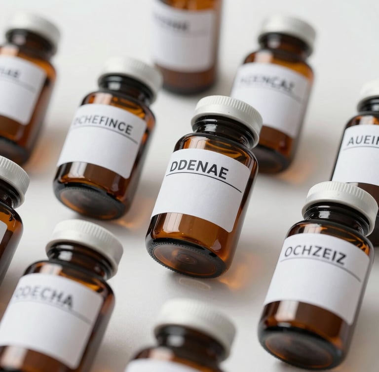 A close-up flat-lay of laboratory-style batch labels on clean, amber glass apothecary jars, bright even daylight, clinical and orderly.