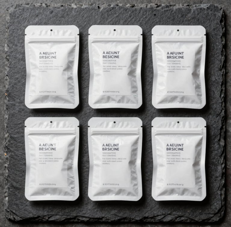 A straight-on, architectural flat-lay of secure, batch-certified apothecary packaging on a dark slate surface, bright neutral daylight.